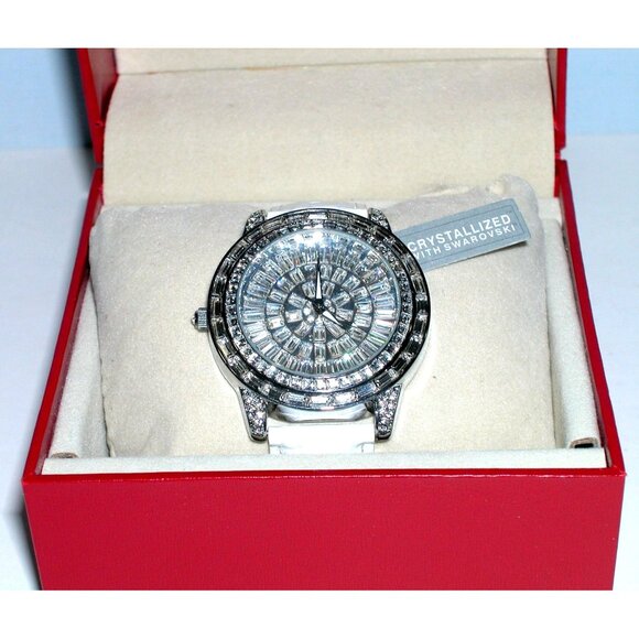 Peugeot Womens Swarovski Crystal Watch With White Leather Strap - Picture 1 of 4